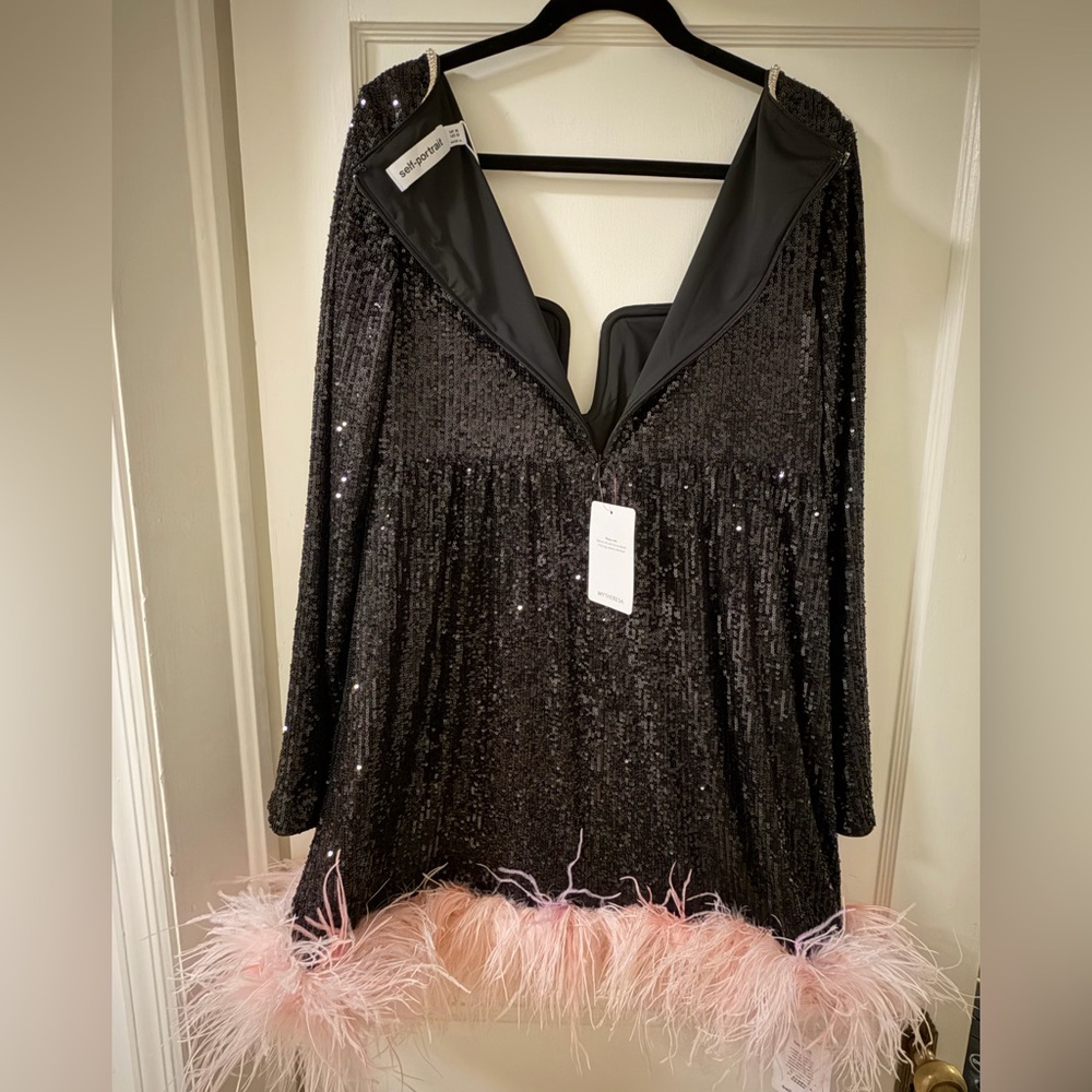 NWT Self-Portrait Black Feather-Trim Sequined Mini Dress Black Pink Size 12 - Picture 8 of 10